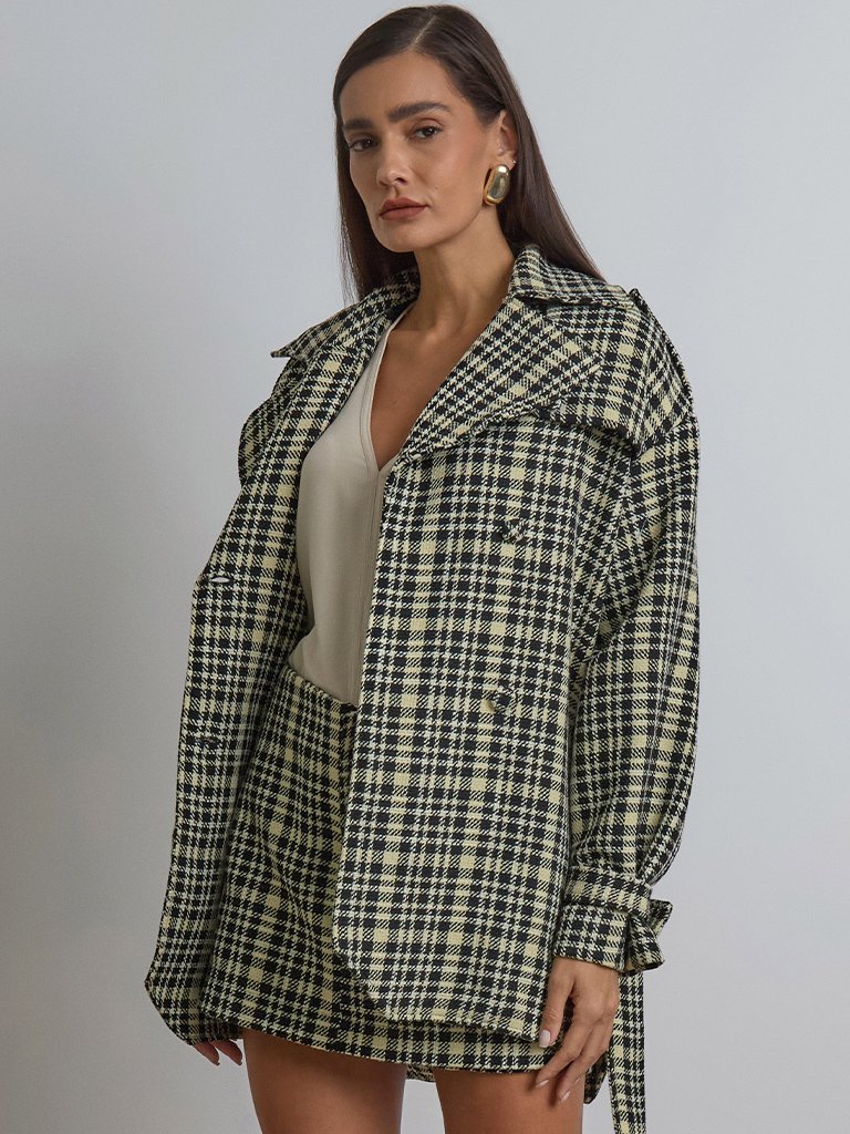 Trench Coat de Tweed Xadrez Preto