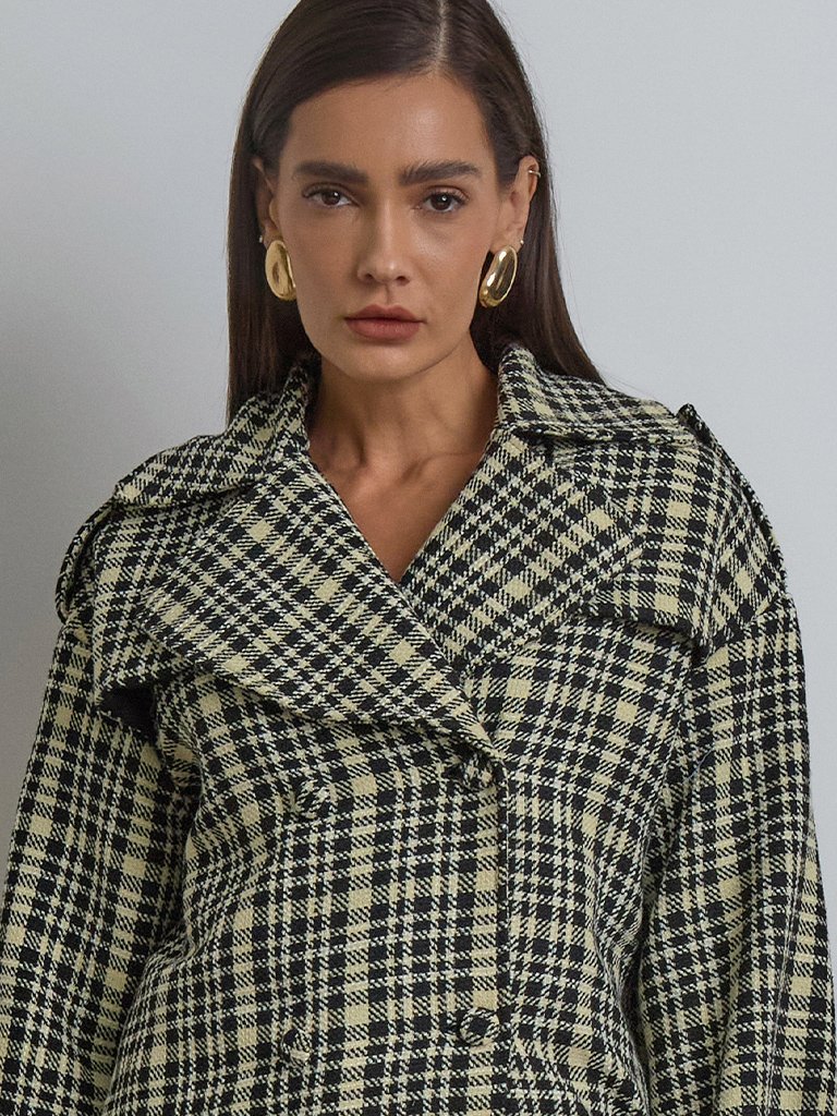 Trench Coat de Tweed Xadrez Preto