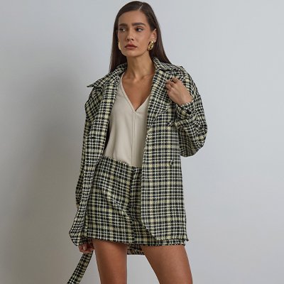 Trench Coat de Tweed Xadrez Preto