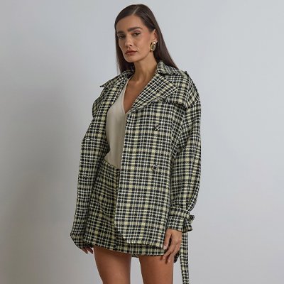 Trench Coat de Tweed Xadrez Preto